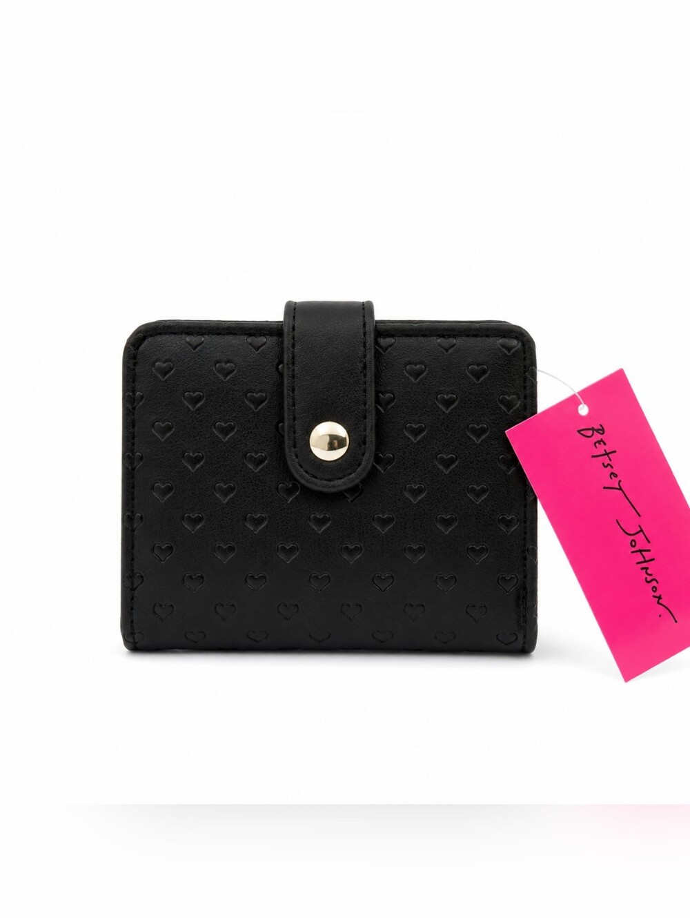 Betsey Johnson Black Heart Embossed Bifold Wallet Compact Snap Nwt